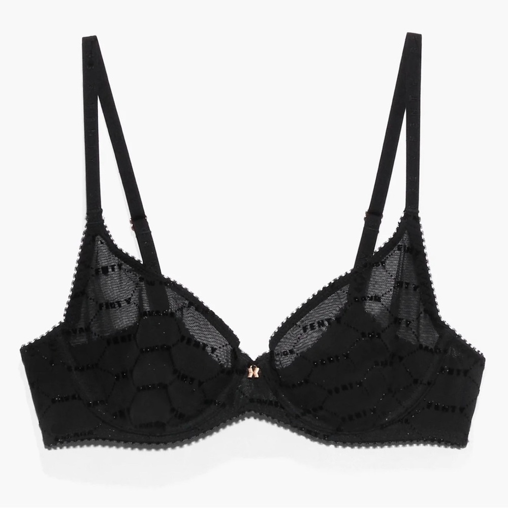 🆕 Savage X Fenty Black Mesh Logo Bra - Size: 34B